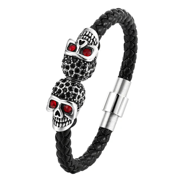 Braided Leather Skull Bracelet – Stainless Steel Magnetic Clasp