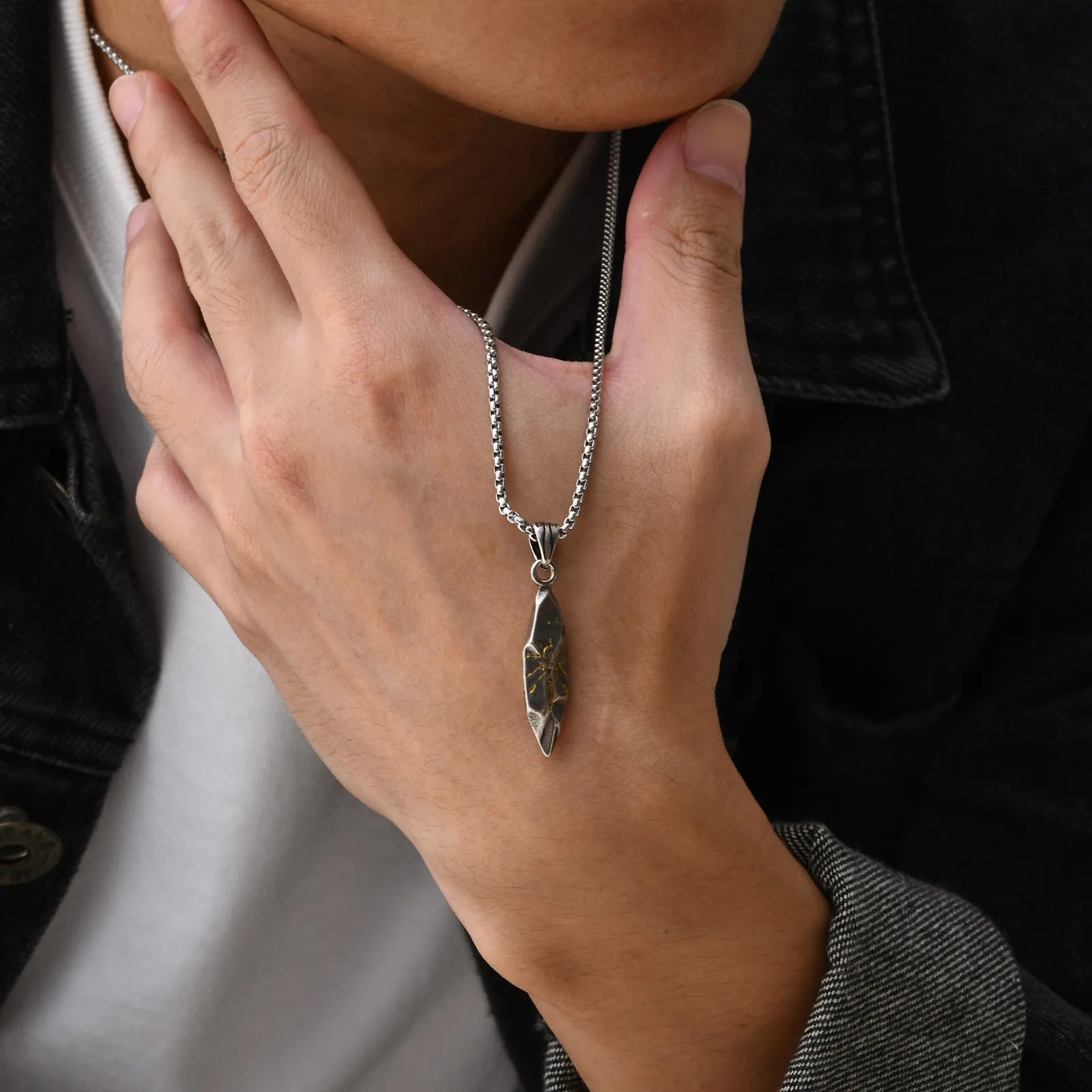 Sun-Touched Feather Pendant – Stainless Steel Wishing Stone Necklace for Men