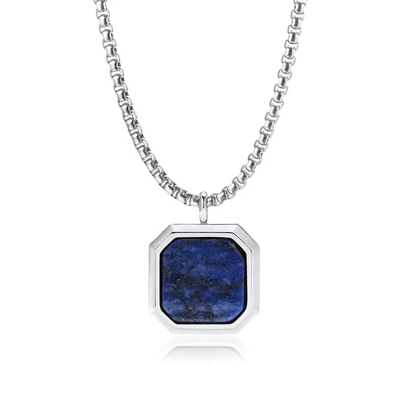 Square Lapis Lazuli Pendant – Stainless Steel Chain Necklace for Men