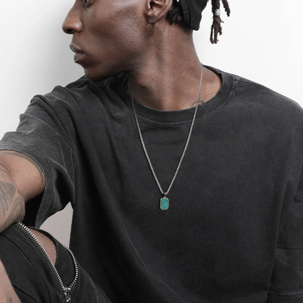 Geometric Turquoise Stone Pendant – Stainless Steel Necklace for Men