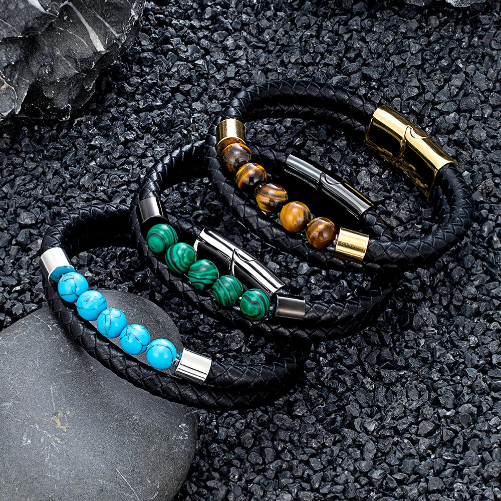 Double-Layer Leather Bracelet with Natural Stone Beads | Gravín Edge
