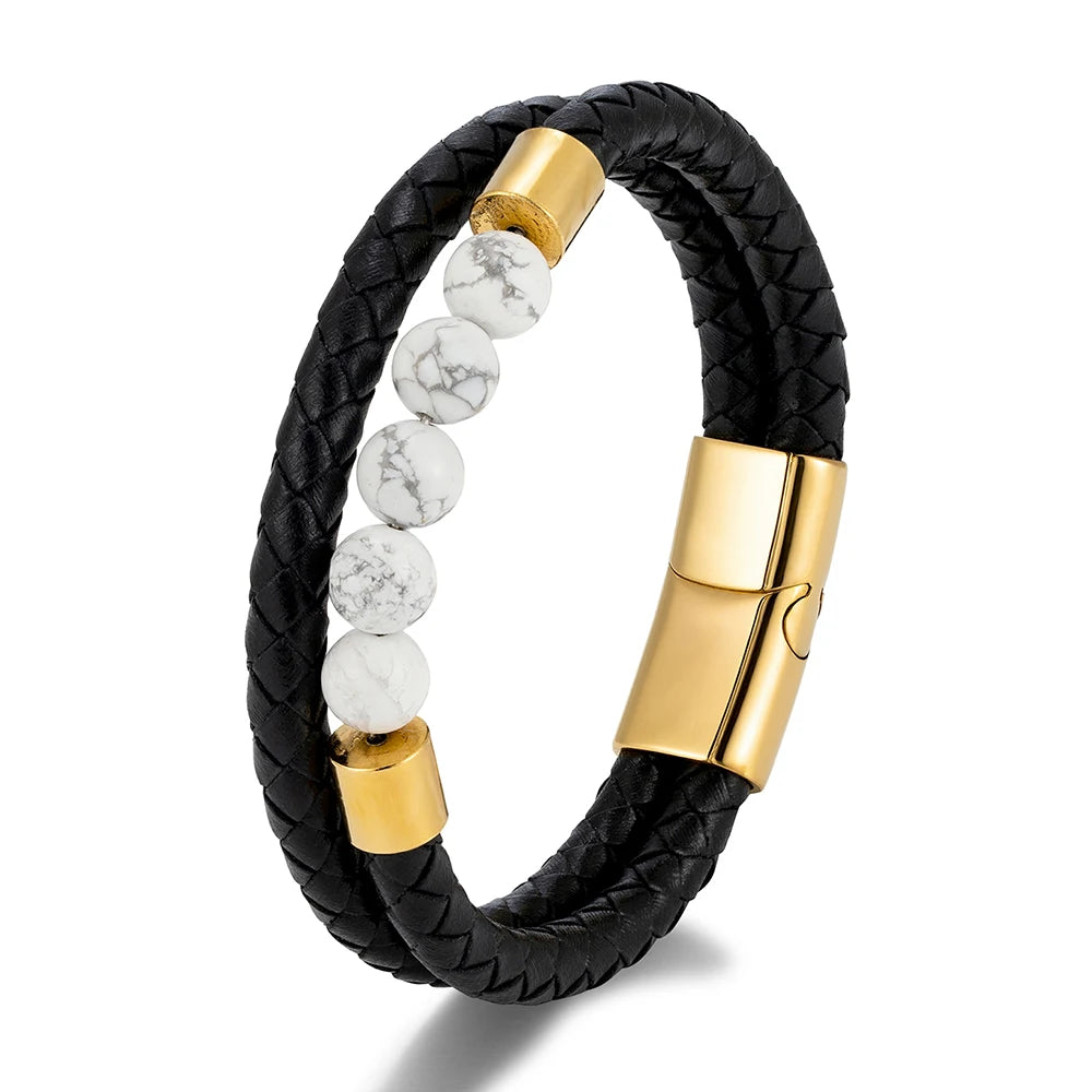 Double-Layer Leather Bracelet with Natural Stone Beads | Gravín Edge