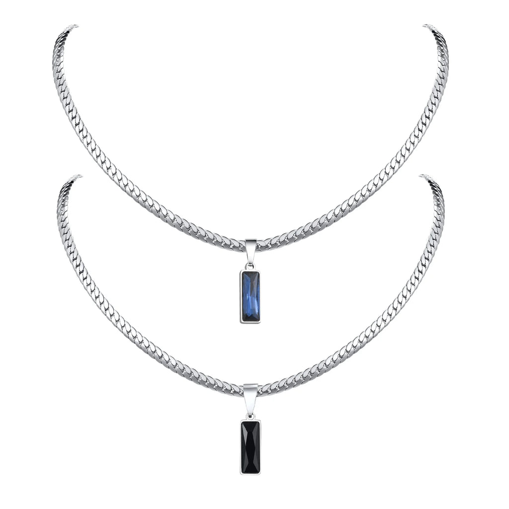 Cuban Chain Necklace with Blue Rectangle Pendant – Stainless Steel Geometric Hip Hop Jewelry for Men