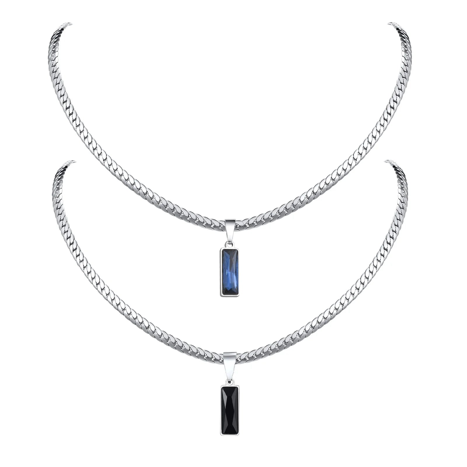 Cuban Chain Necklace with Blue Rectangle Pendant – Stainless Steel Geometric Hip Hop Jewelry for Men