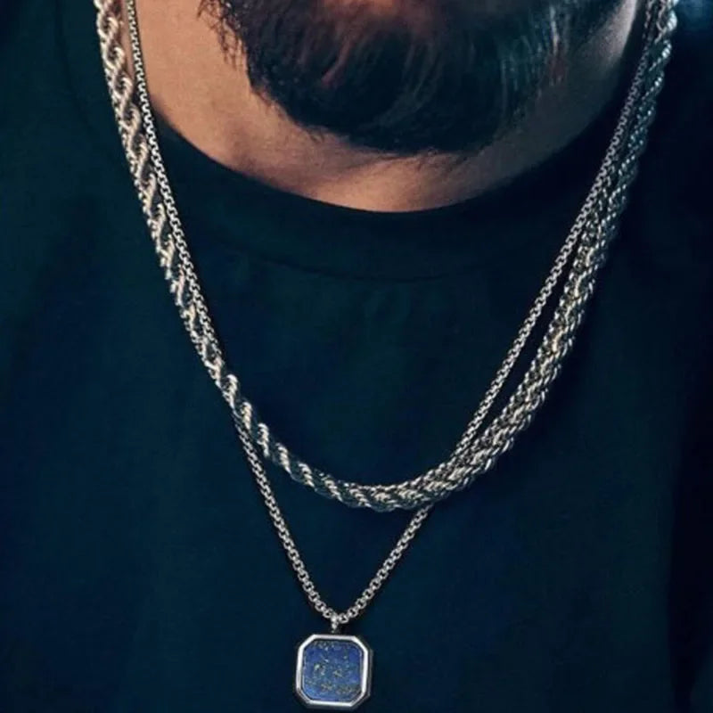 Square Lapis Lazuli Pendant – Stainless Steel Chain Necklace for Men