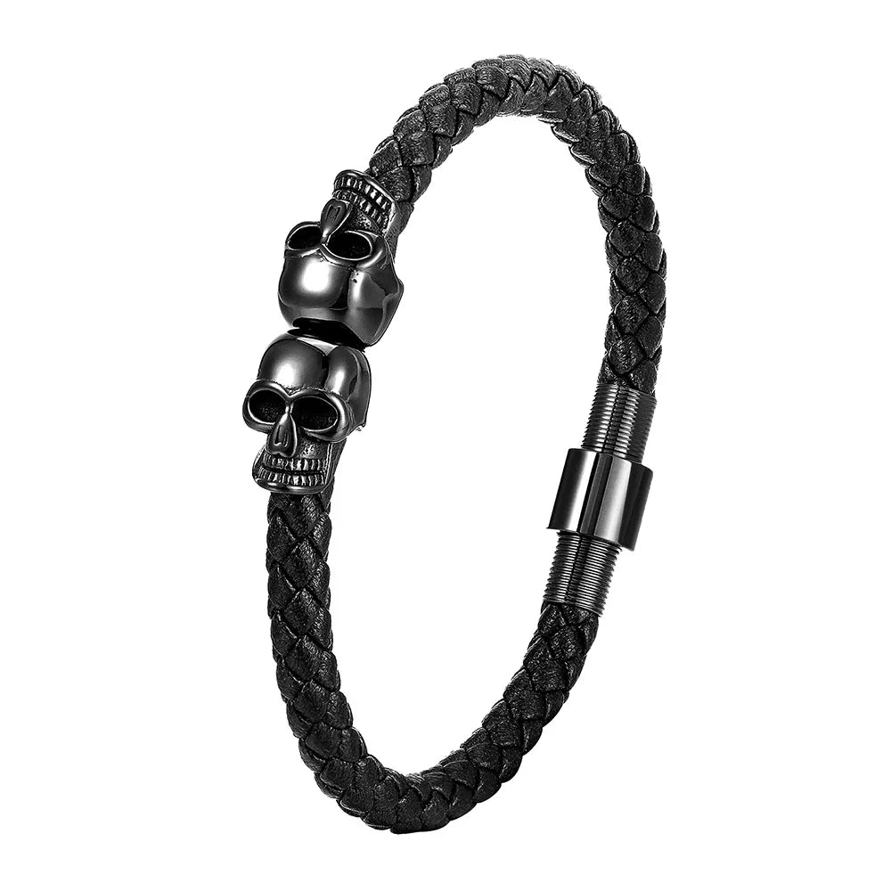 Braided Leather Skull Bracelet – Stainless Steel Magnetic Clasp