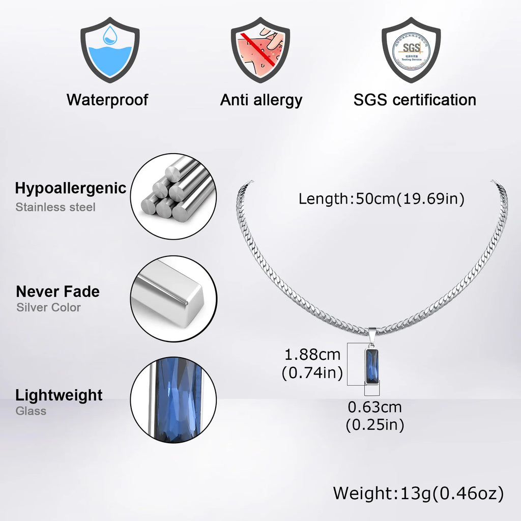 Cuban Chain Necklace with Blue Rectangle Pendant – Stainless Steel Geometric Hip Hop Jewelry for Men