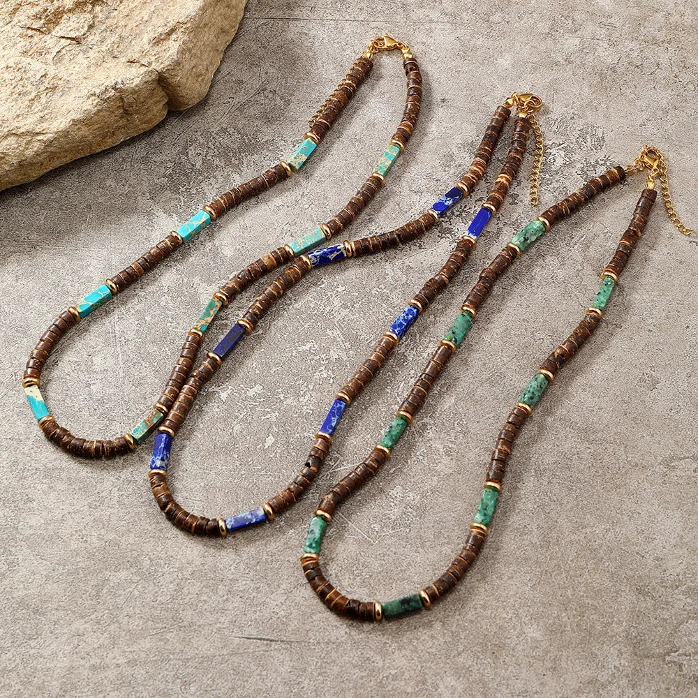 Boho Coconut Shell & Natural Stone Necklace – Ethnic Choker for Men