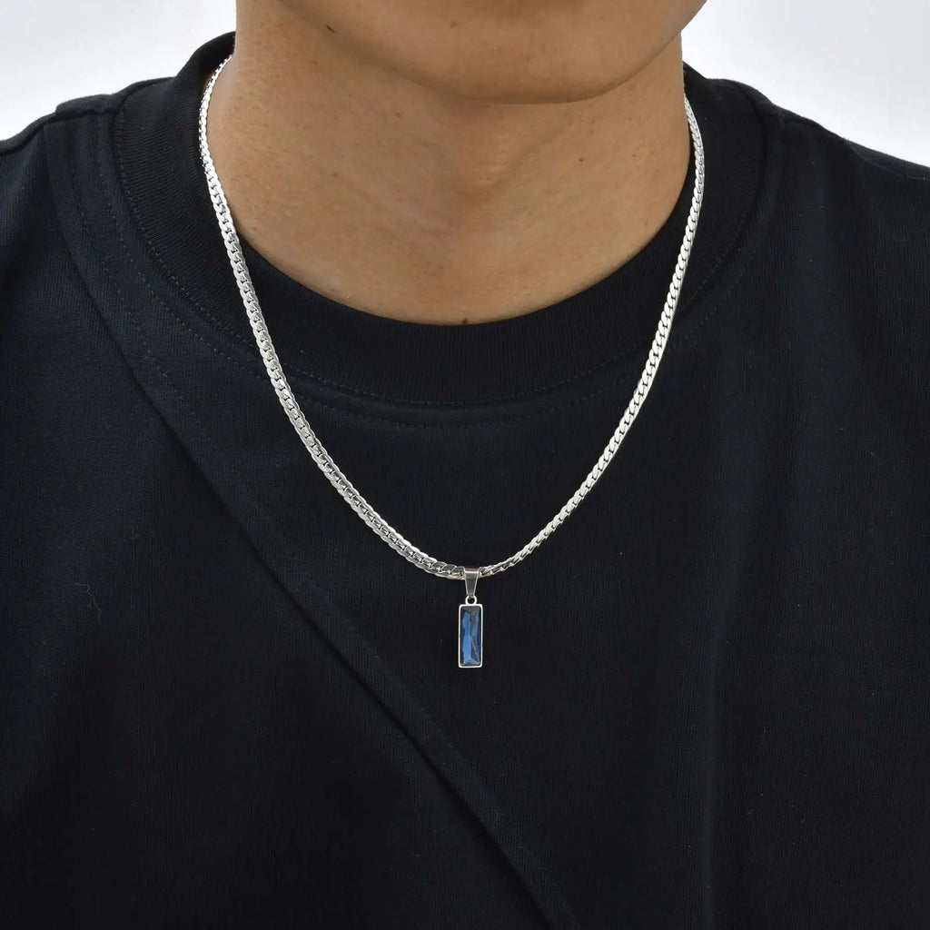 Cuban Chain Necklace with Blue Rectangle Pendant – Stainless Steel Geometric Hip Hop Jewelry for Men
