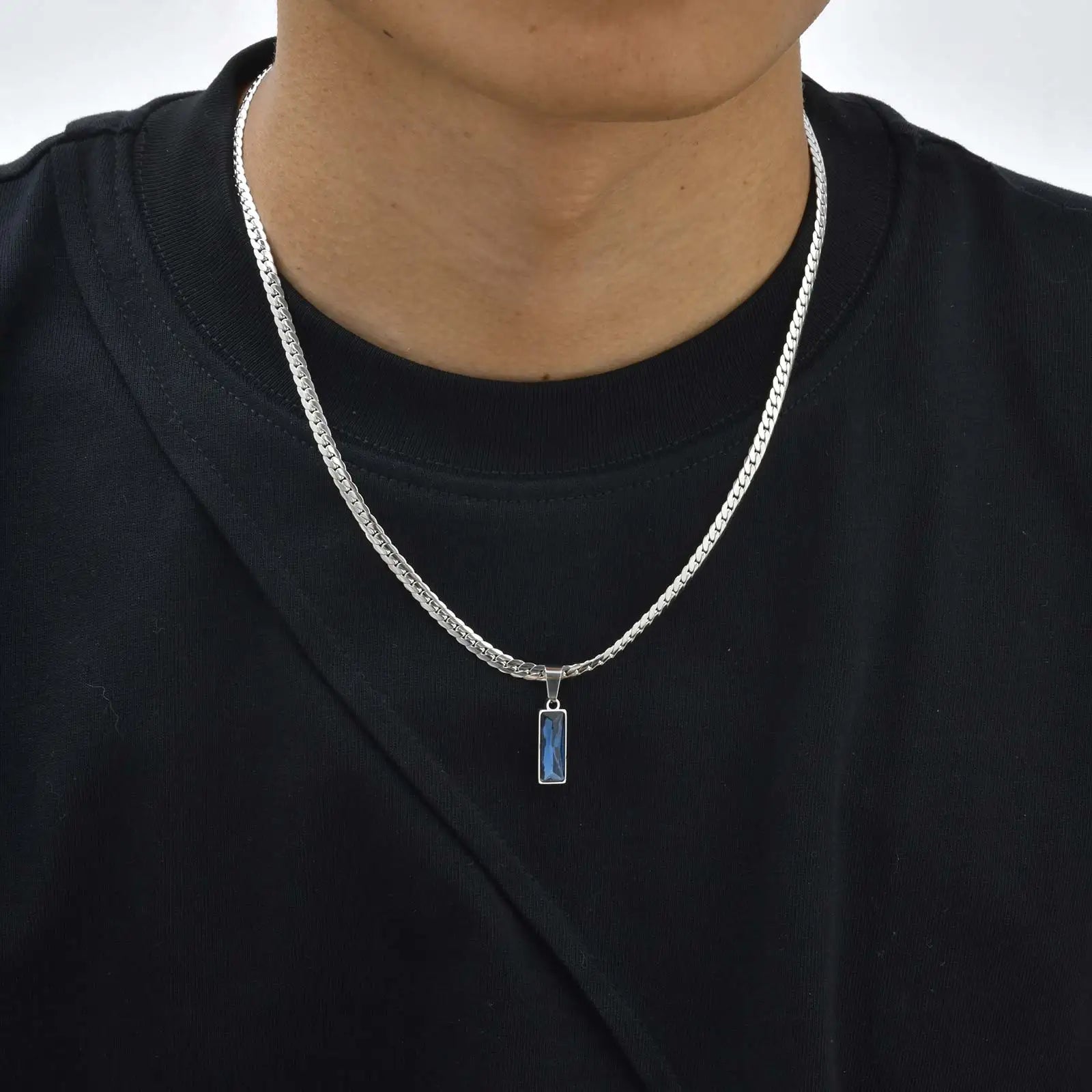 Cuban Chain Necklace with Blue Rectangle Pendant – Stainless Steel Geometric Hip Hop Jewelry for Men