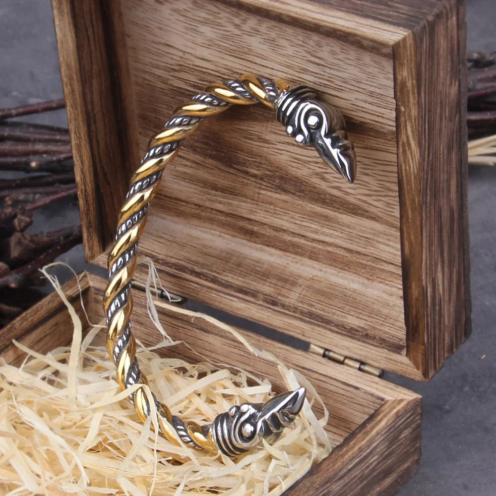 Raven Fang Cuff – Viking Steel Bracelet with Wooden Box
