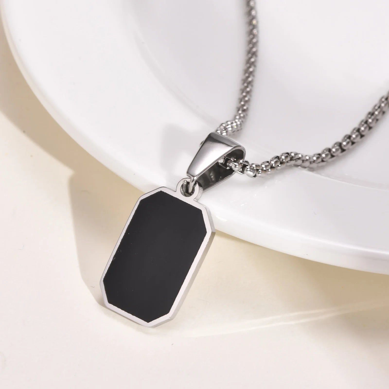 Geometric Black Bar Pendant – Waterproof Stainless Steel Necklace for Men