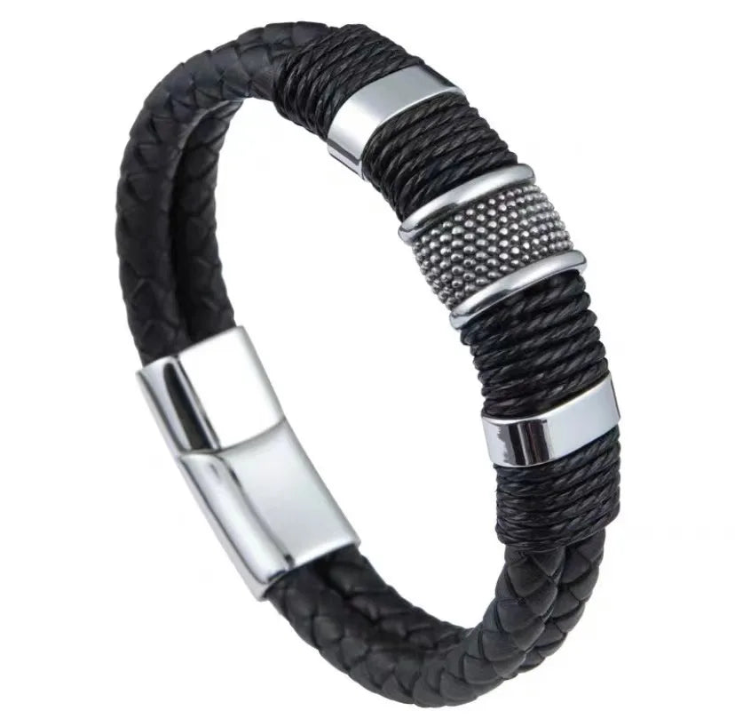 Dual-Layer Leather Bracelet with Stainless Steel Accent