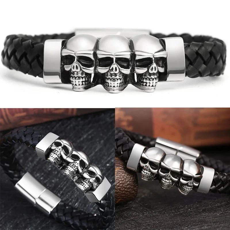 Braided Leather Skull Bracelet – Stainless Steel Magnetic Clasp