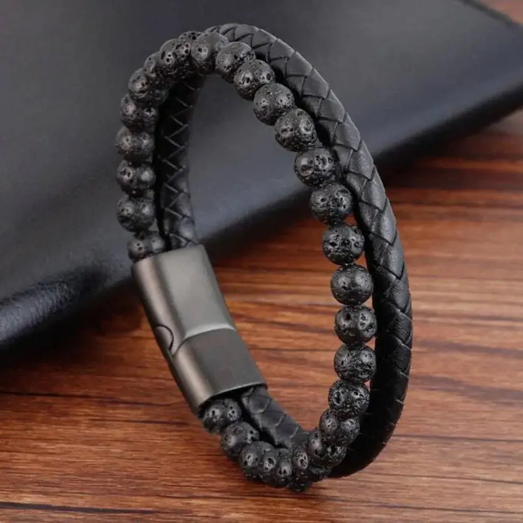 Dual Layer Stone & Leather Bracelet – Lava | Tiger Eye | Blue Stone | Gravín Core