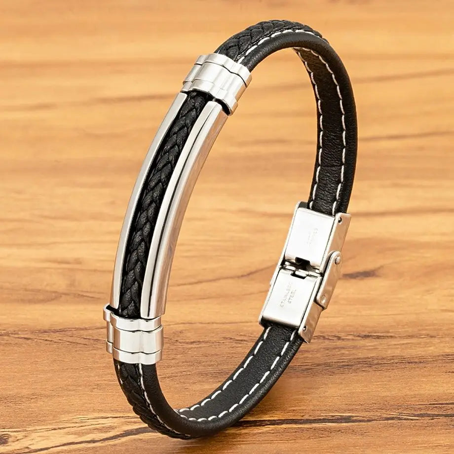 Classic Steel Bar Leather Bracelet – Sleek Everyday Design | Gravín Daily