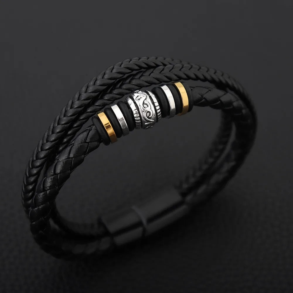 Gravín Multi-Layer Leather Bracelet – Magnetic Buckle & Steel Accents