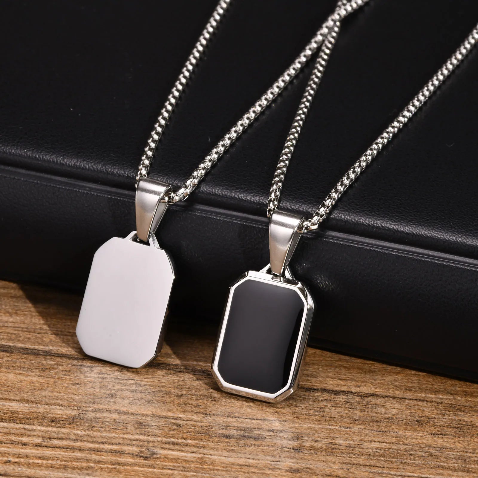 Geometric Black Bar Pendant – Waterproof Stainless Steel Necklace for Men