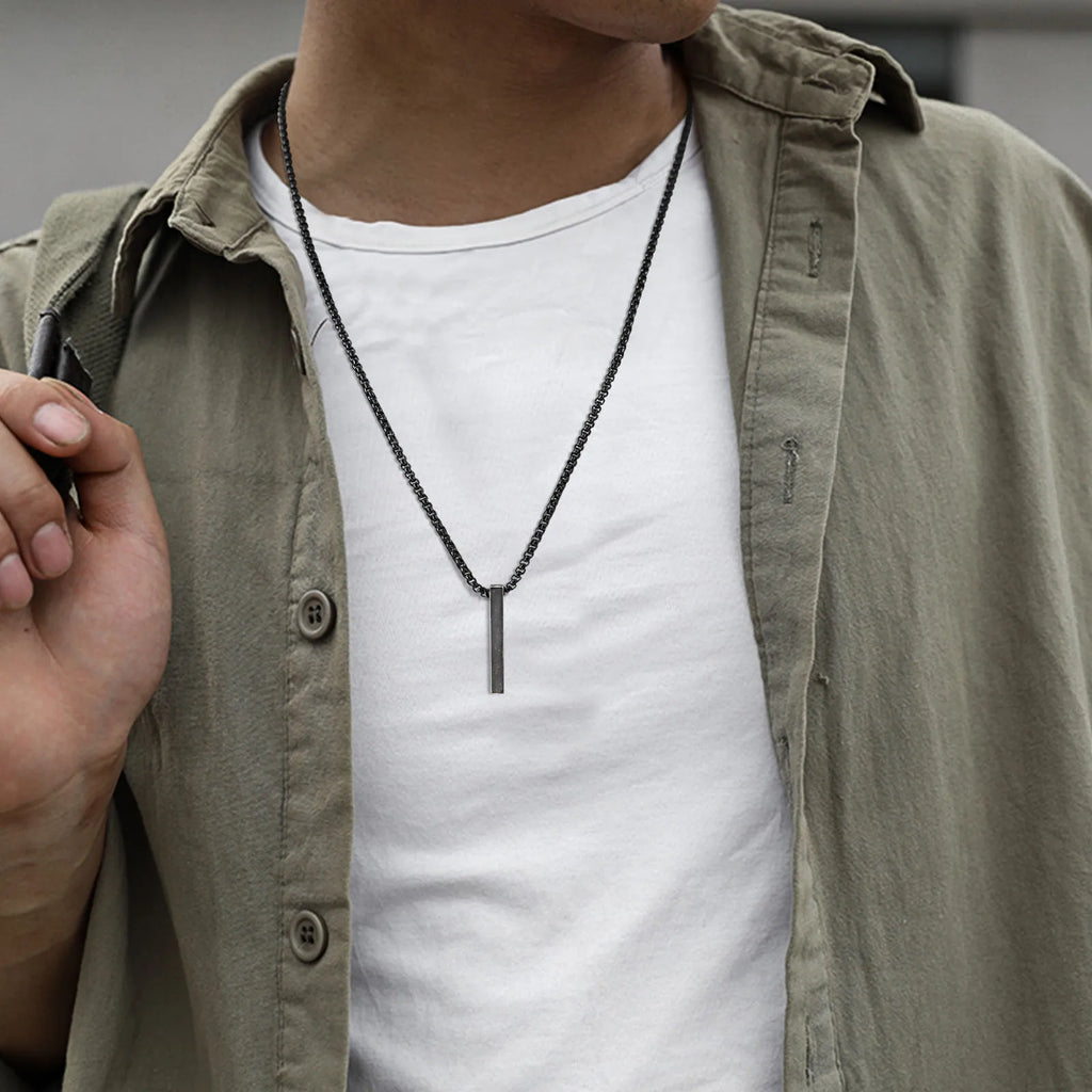 Minimalist Vertical Bar Necklace – Retro Stainless Steel Long Pendant for Men