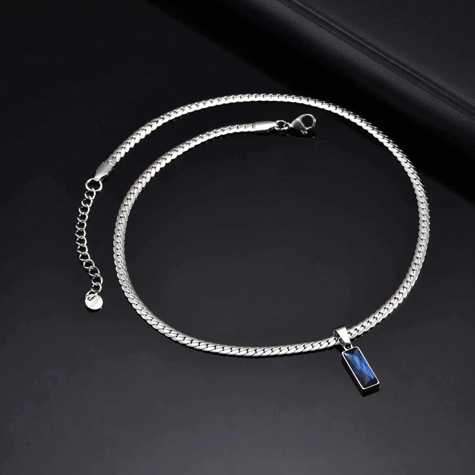 Cuban Chain Necklace with Blue Rectangle Pendant – Stainless Steel Geometric Hip Hop Jewelry for Men