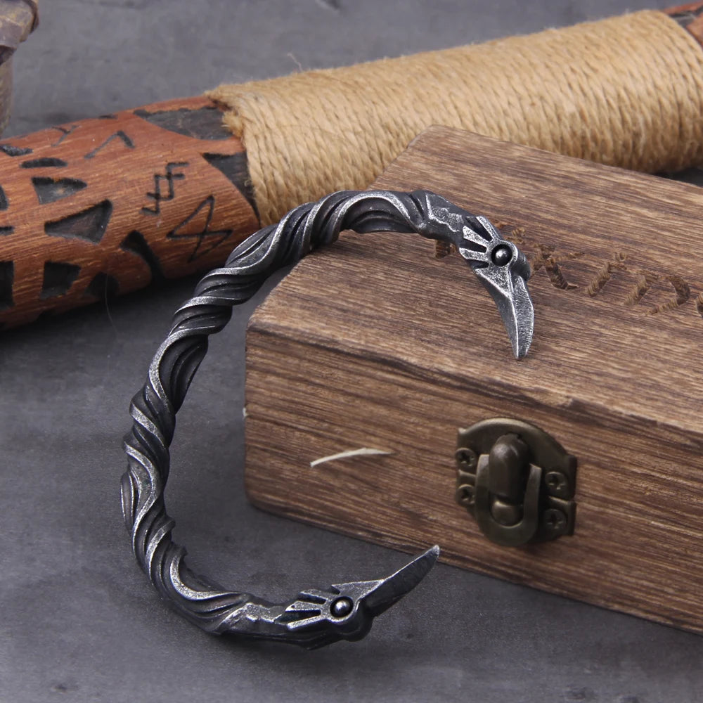 Raven Fang Cuff – Viking Steel Bracelet with Wooden Box