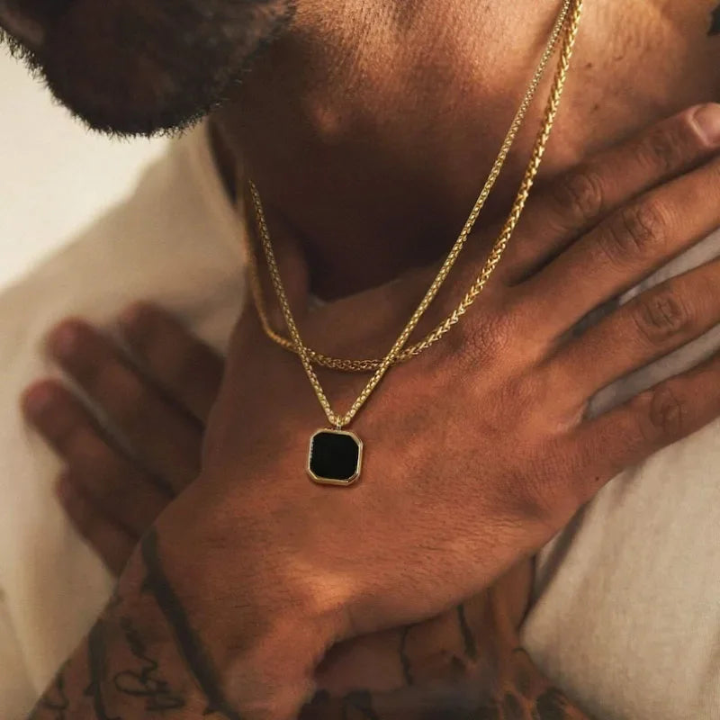 Square Lapis Lazuli Pendant – Stainless Steel Chain Necklace for Men