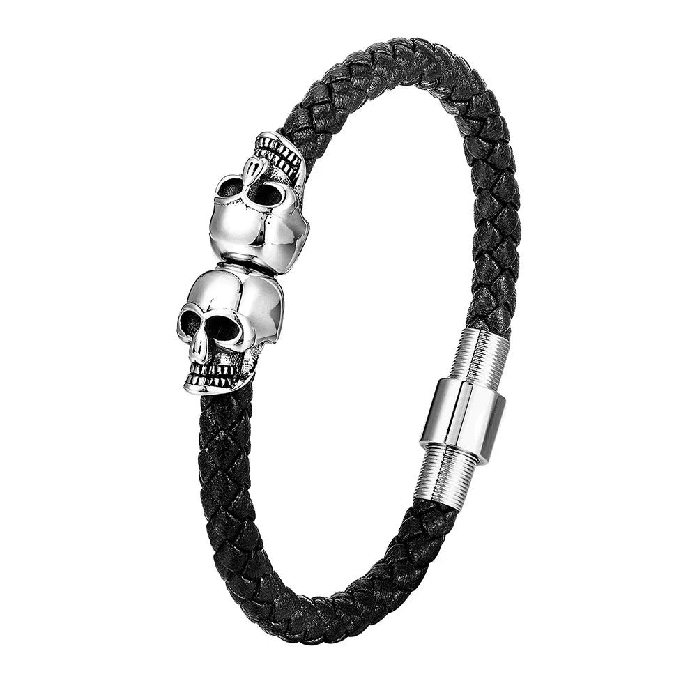 Braided Leather Skull Bracelet – Stainless Steel Magnetic Clasp