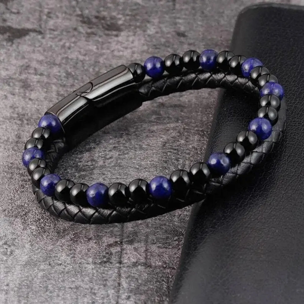 Dual Layer Stone & Leather Bracelet – Lava | Tiger Eye | Blue Stone | Gravín Core