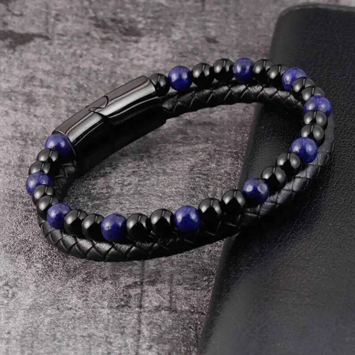 Dual Layer Stone & Leather Bracelet – Lava | Tiger Eye | Blue Stone | Gravín Core