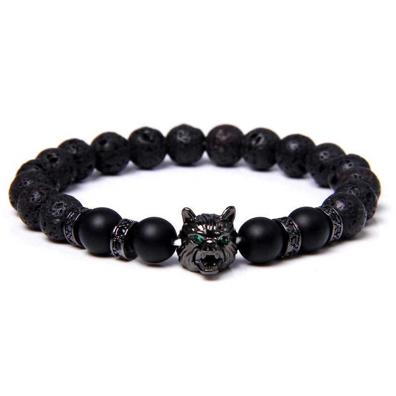 Alpha Wolf Lava Stone Bracelet – Blue Tiger Eye Beads | Gravín Totem