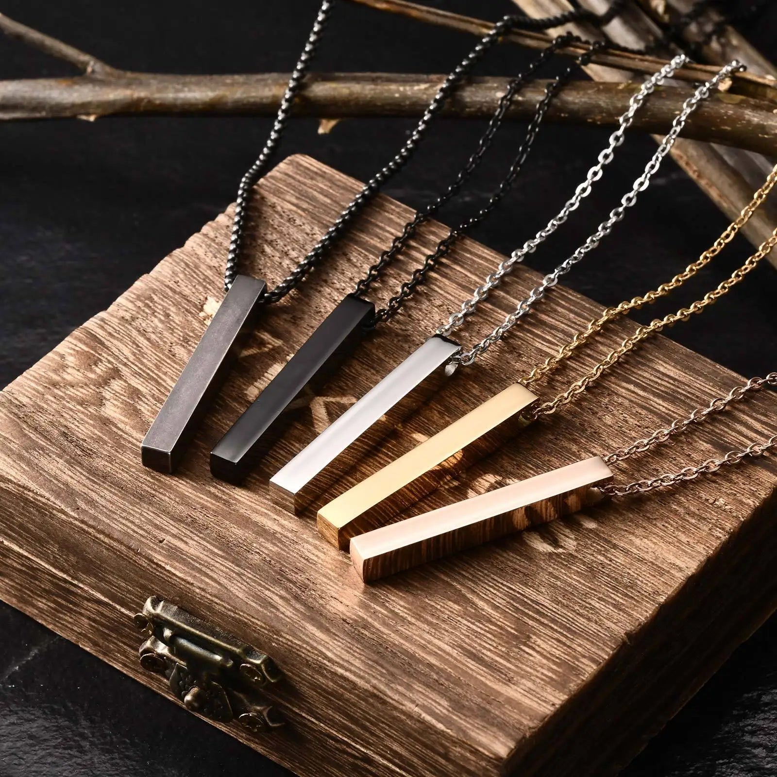 Minimalist Vertical Bar Necklace – Retro Stainless Steel Long Pendant for Men