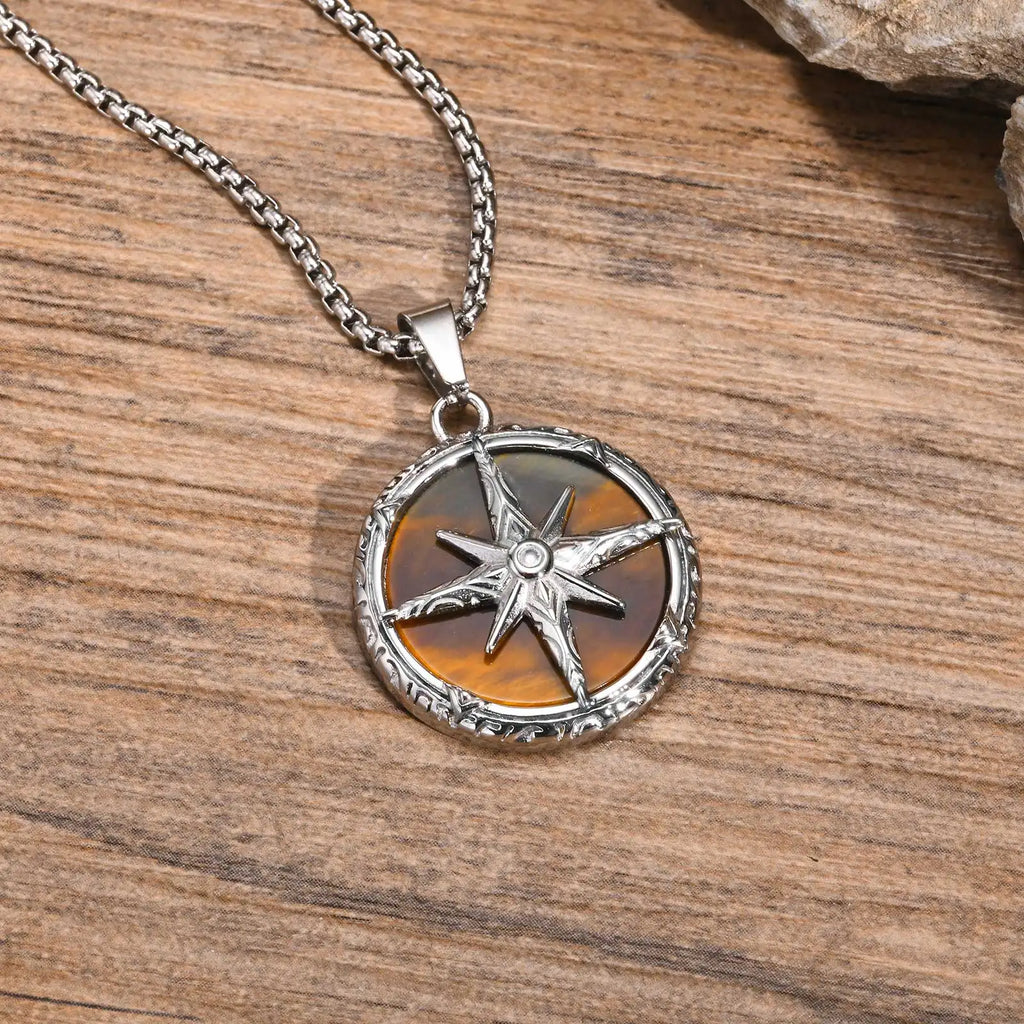 Compass Pendant with Natural Stone – Stainless Steel Star Necklace for Men