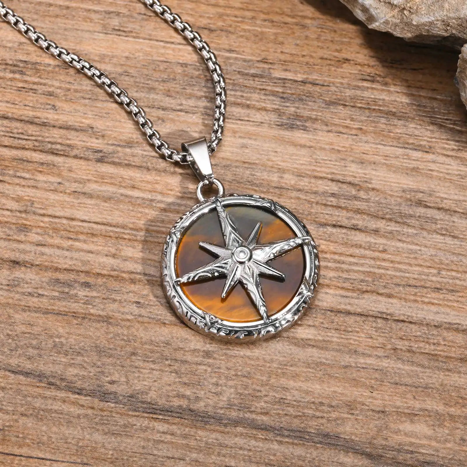 Compass Pendant with Natural Stone – Stainless Steel Star Necklace for Men