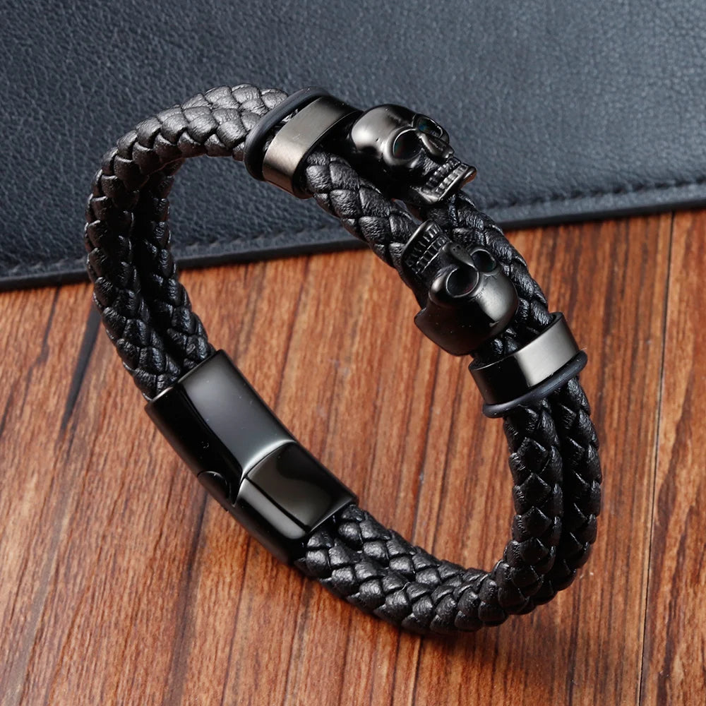 Braided Leather Skull Bracelet – Stainless Steel Magnetic Clasp