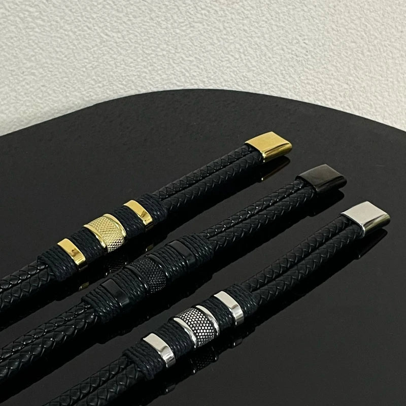Dual-Layer Leather Bracelet with Stainless Steel Accent