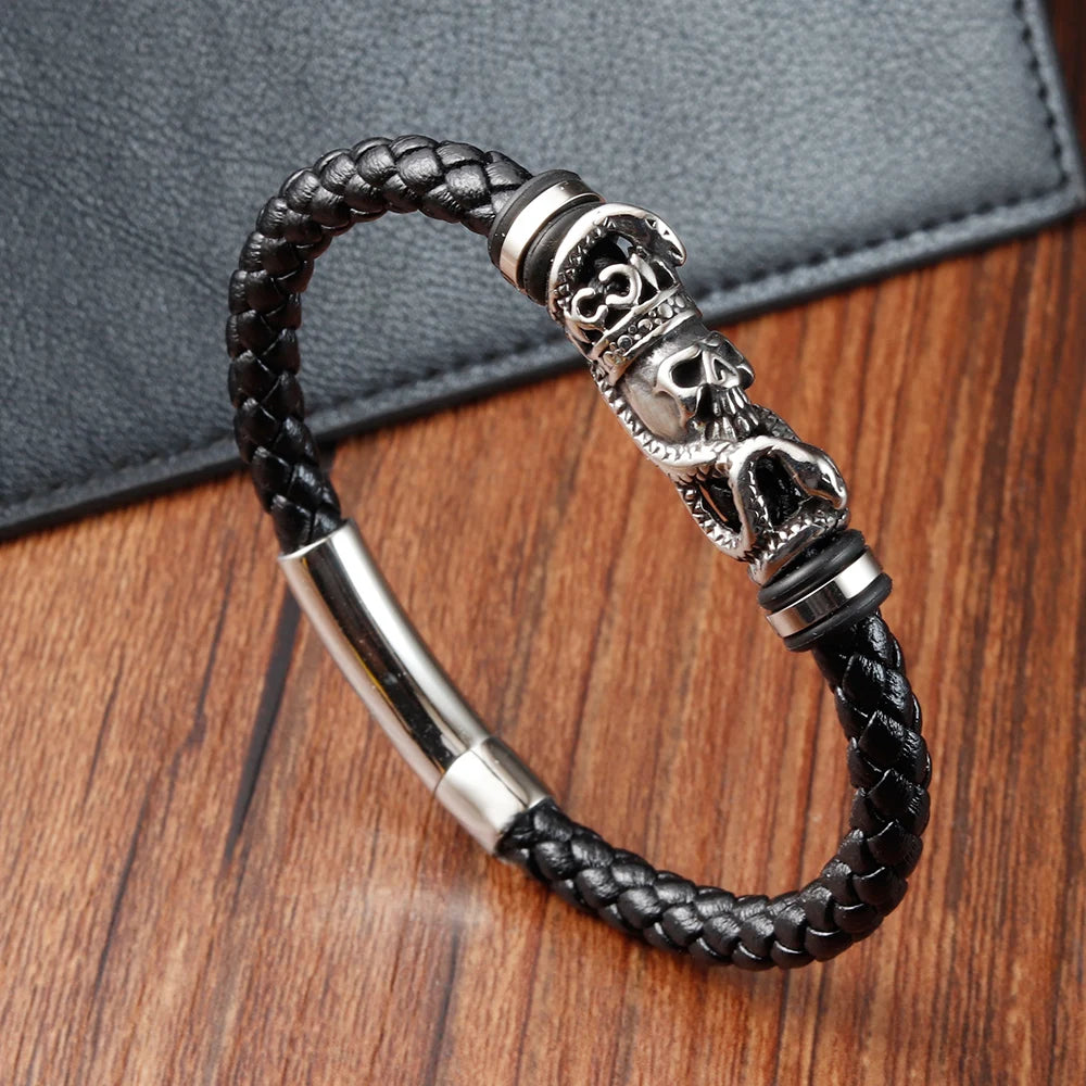 Rebel Skull Leather Bracelet – Braided Rope with Polished Steel | Gravín Rebel