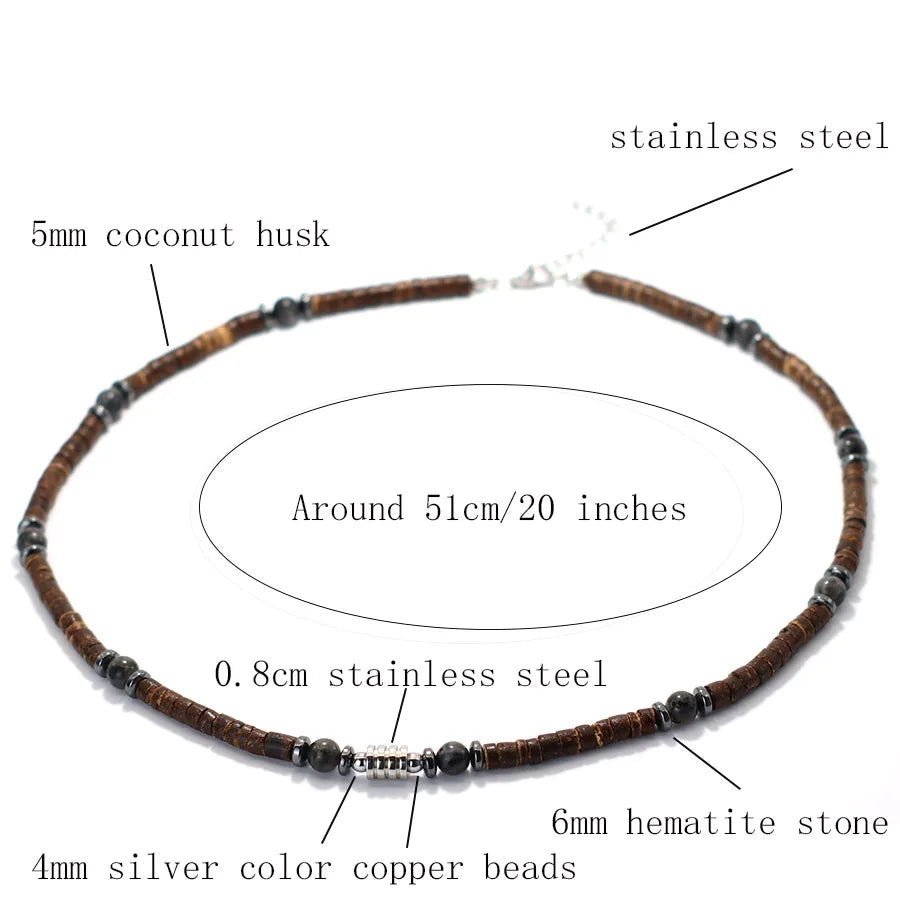 Natural Coconut Husk & Volcanic Stone Necklace – 5mm Tribal Collar for Men