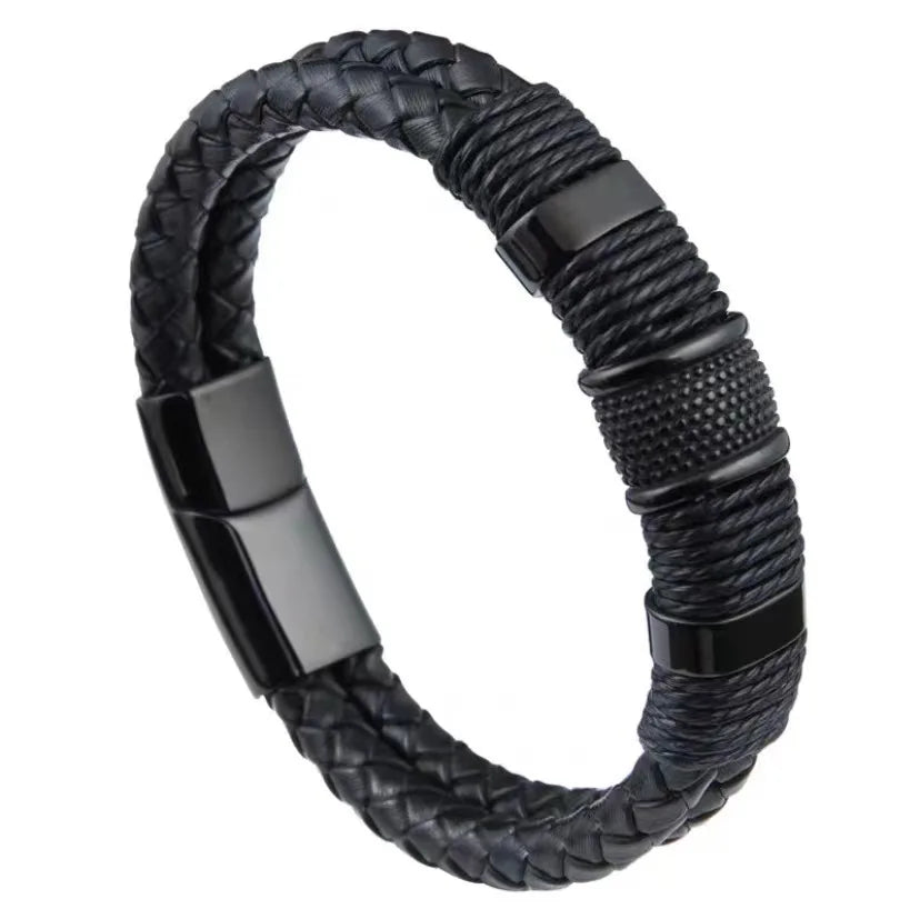 Dual-Layer Leather Bracelet with Stainless Steel Accent