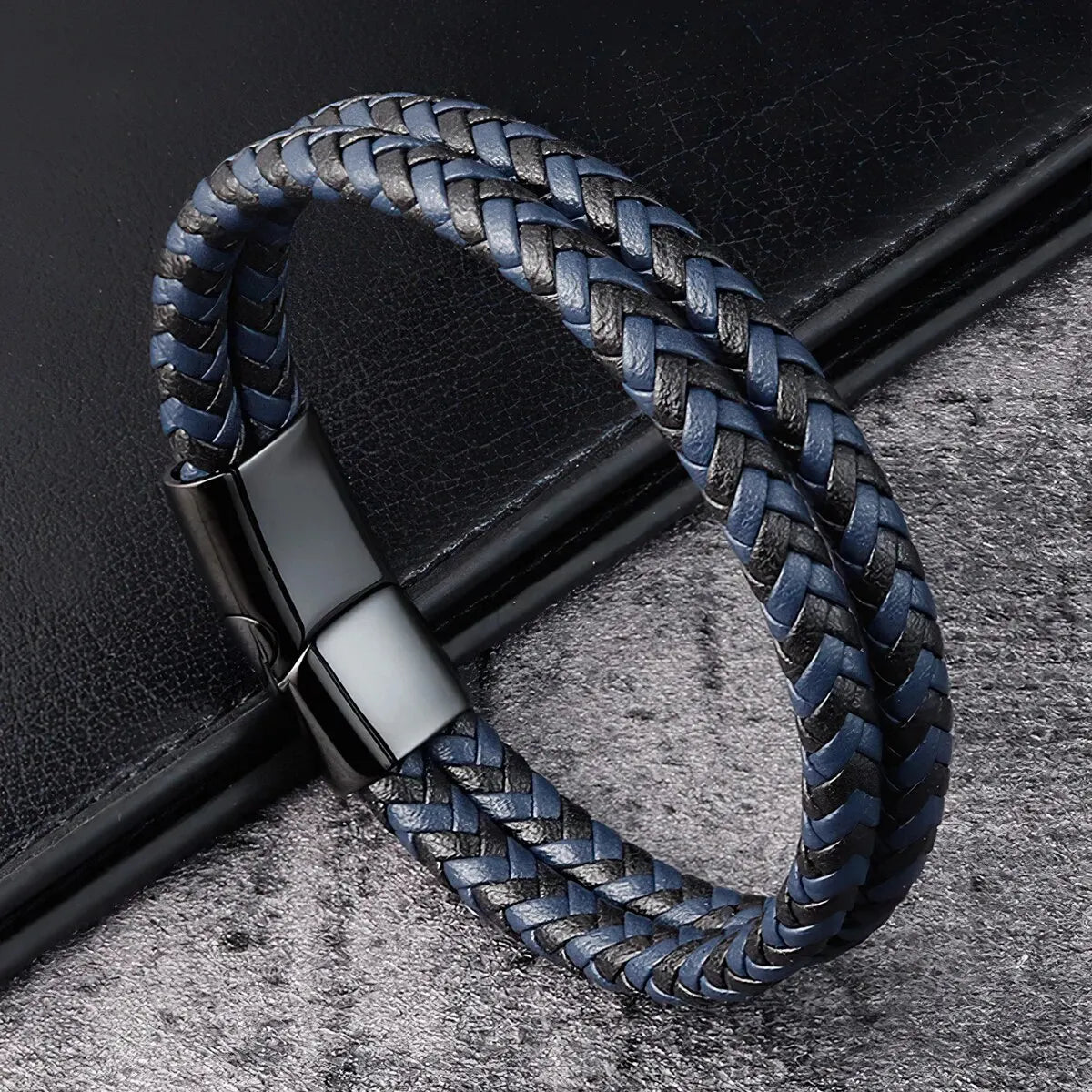 Double Braided Leather Bracelet – Black & Blue Edition