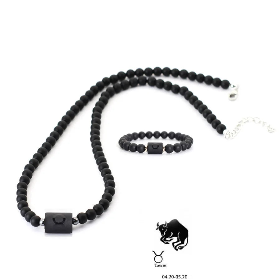 Black Onyx Zodiac Beads Necklace – 12 Constellations Stone Collar for Men