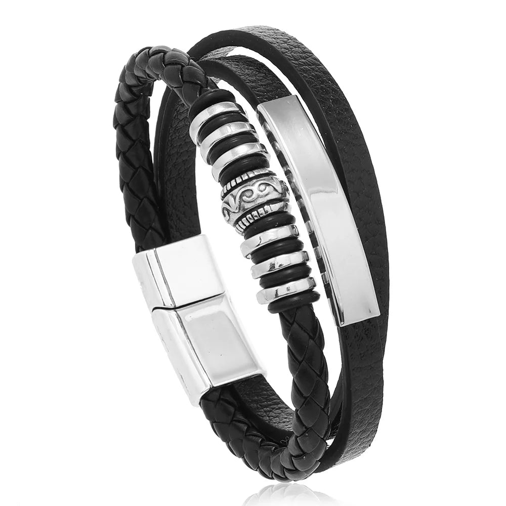 Gravín Layered Leather Bracelet – Braided & Steel Combo
