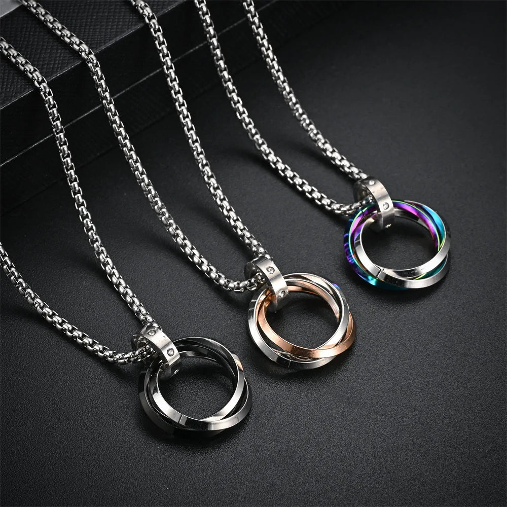 Triple Ring Pendant Necklace – Titanium Steel Hip-hop Chain for Men