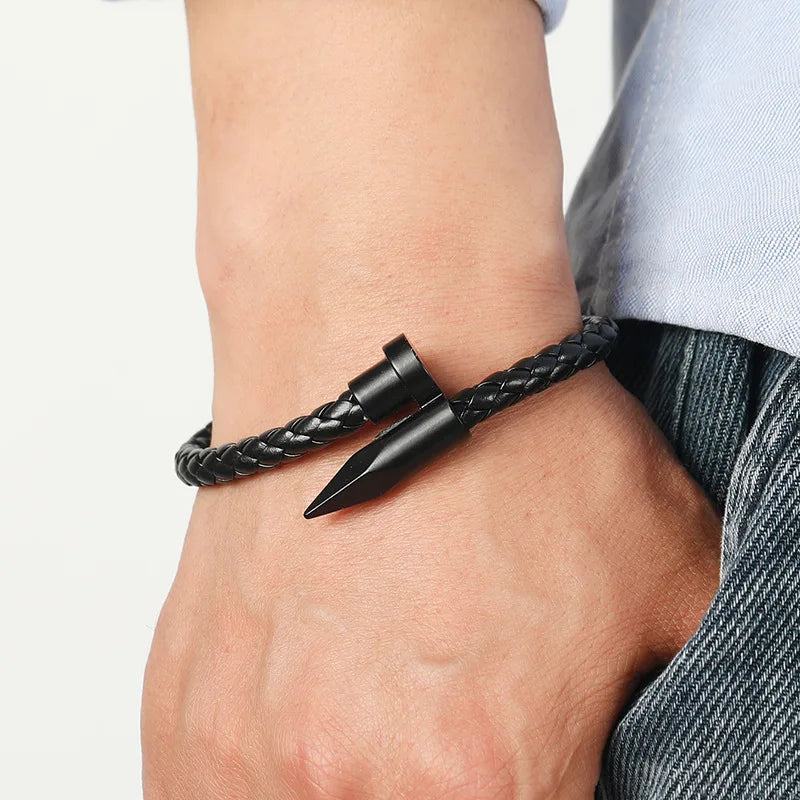 Black Bullet Clasp Leather Bracelet – Titanium Bold Edition
