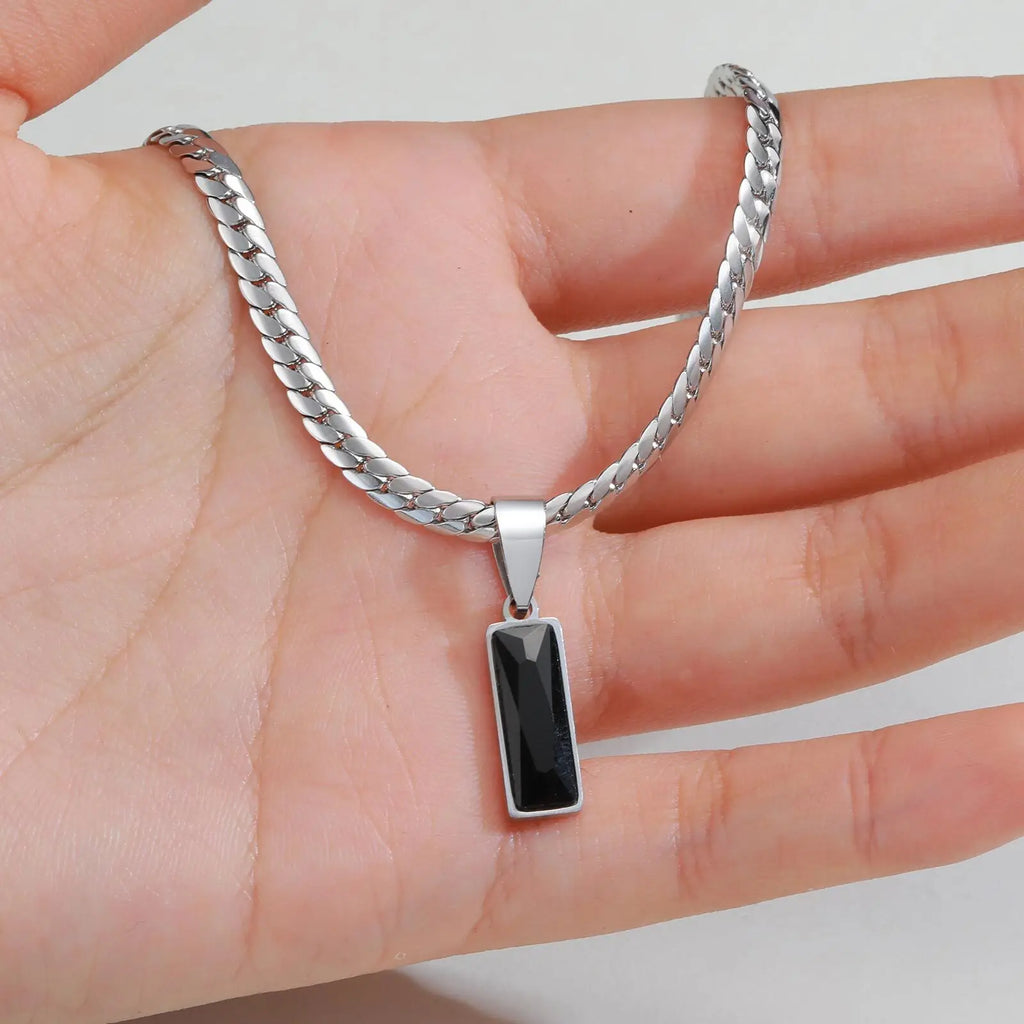 Minimalist Geometric Black Pendant – Stainless Steel Square Necklace for Men & Women