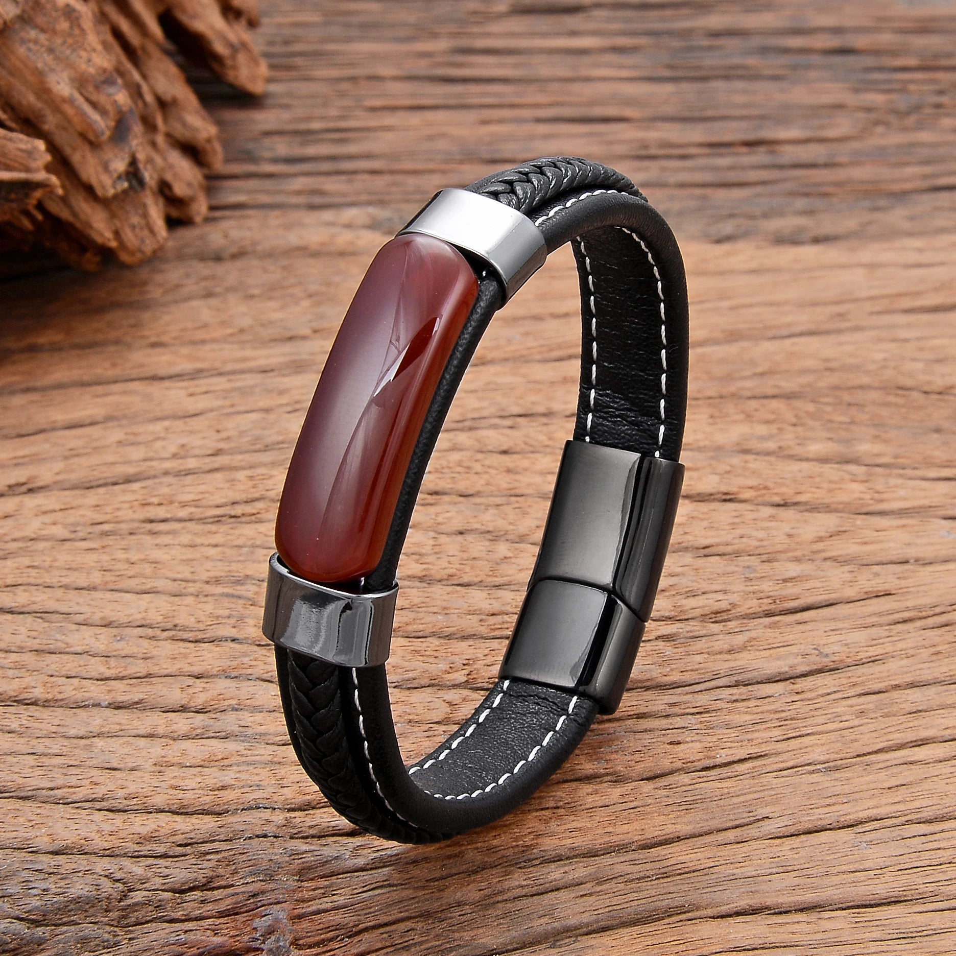 Gravín Aether – Leather Bracelet with Natural Stone Inlay
