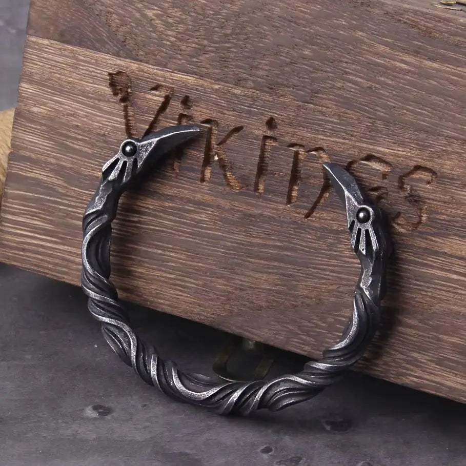 Raven Fang Cuff – Viking Steel Bracelet with Wooden Box
