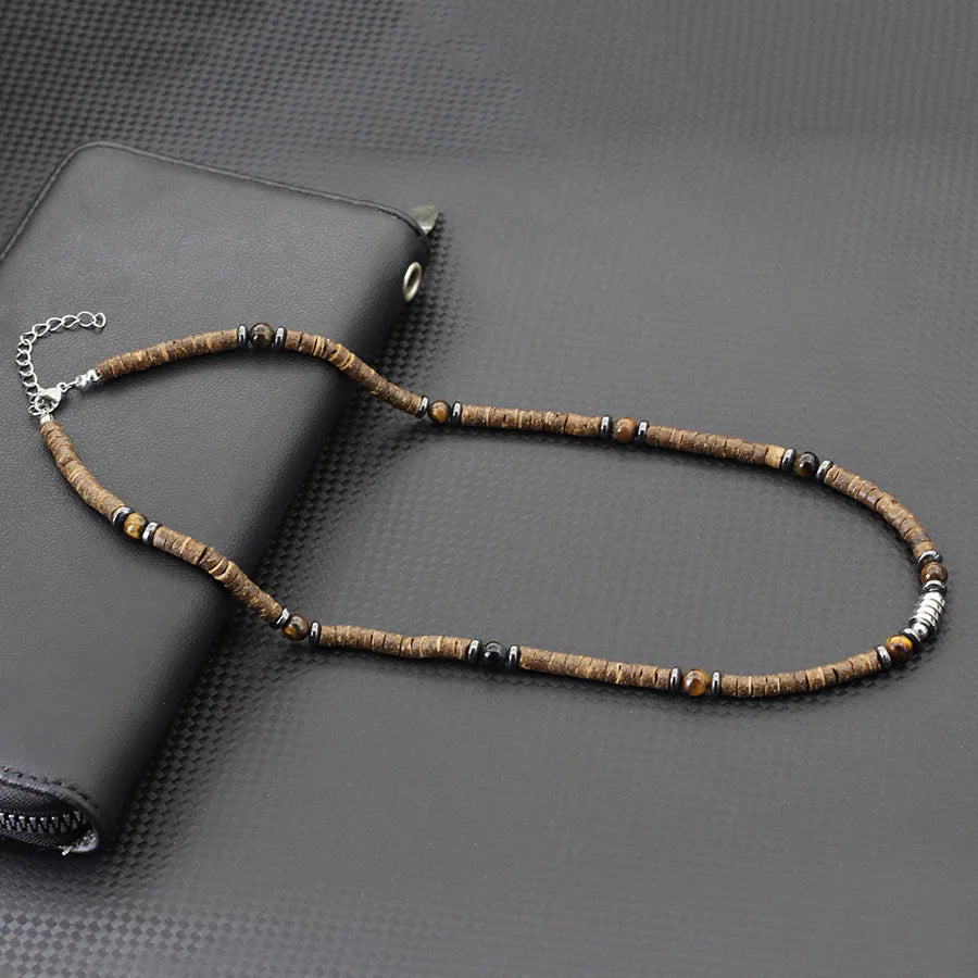 Natural Coconut Husk & Volcanic Stone Necklace – 5mm Tribal Collar for Men