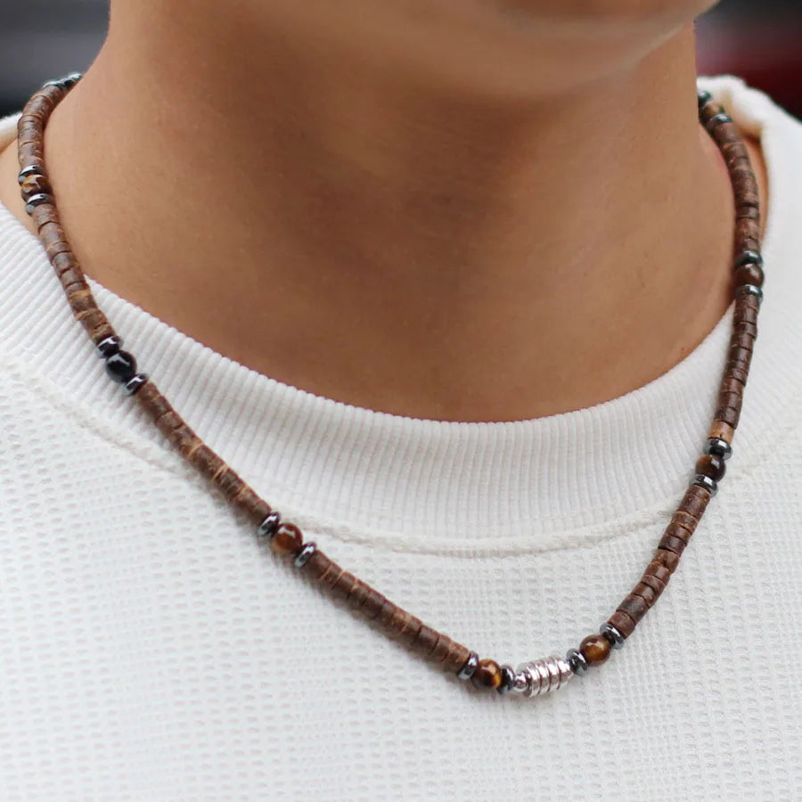 Natural Coconut Husk & Volcanic Stone Necklace – 5mm Tribal Collar for Men