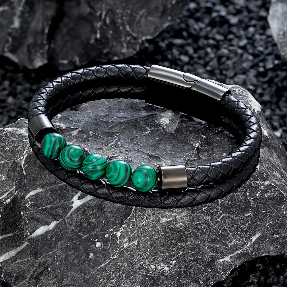Double-Layer Leather Bracelet with Natural Stone Beads | Gravín Edge