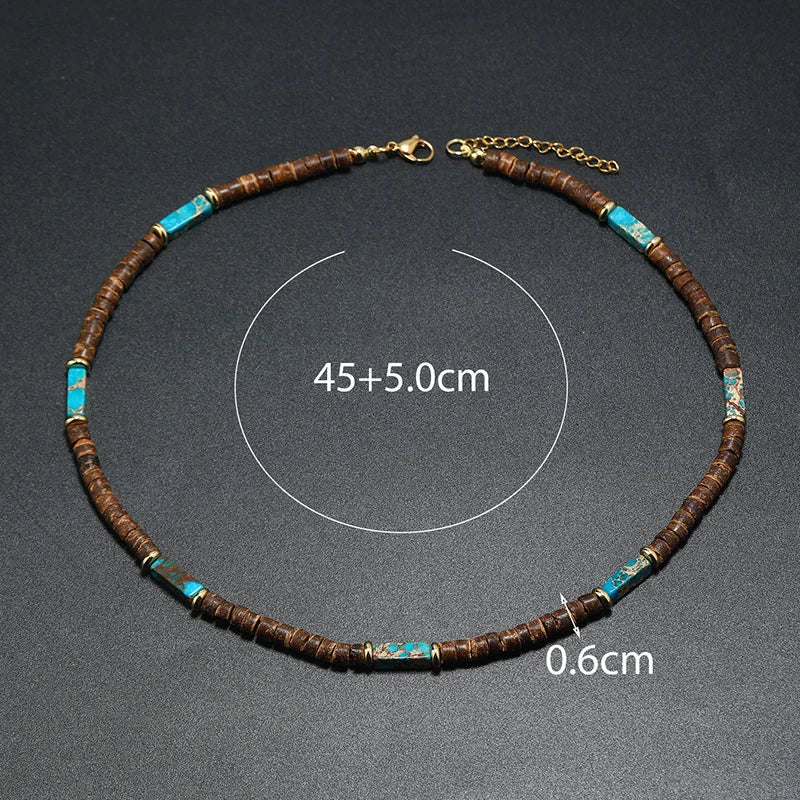 Boho Coconut Shell & Natural Stone Necklace – Ethnic Choker for Men